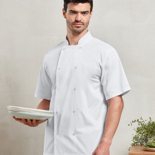 Studded front short sleeve chef's jacket Thumbnail